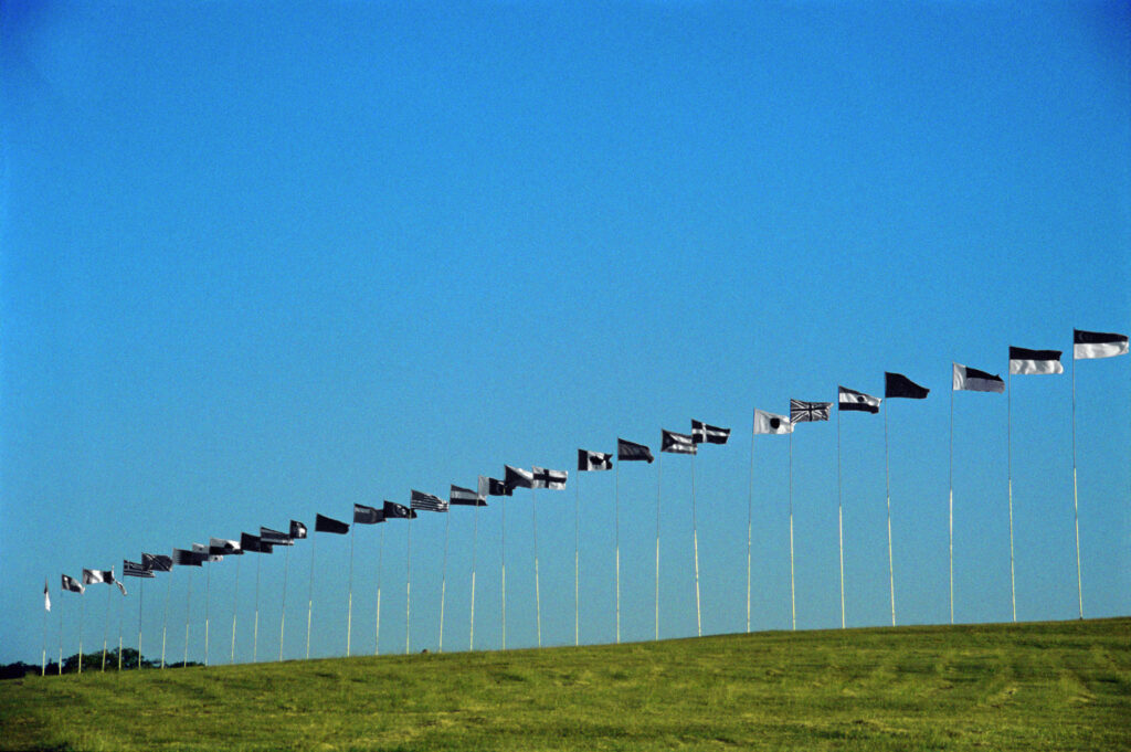 A series of national flags lined up on a grassy hill.