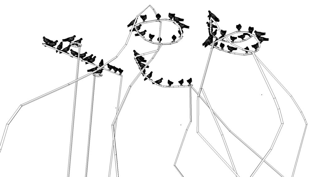 An illustration of black birds sitting on a thin structure.