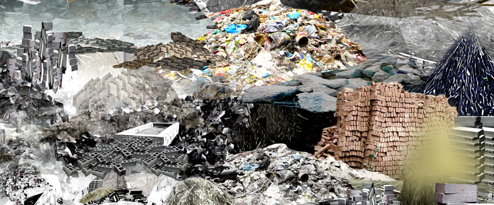 A digital collage of piles of different materials.