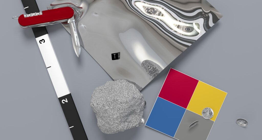A close-up image of various objects on a grey background.