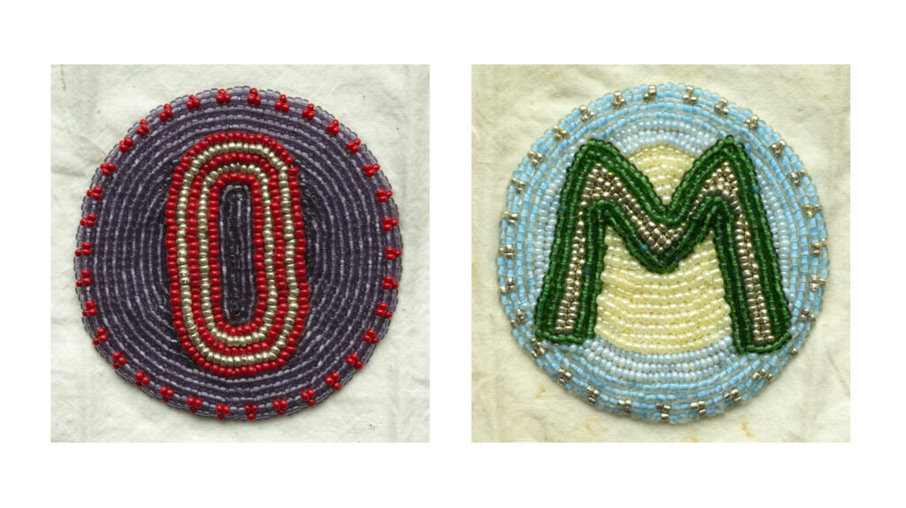 Two images side-by-side of a beaded letter 
