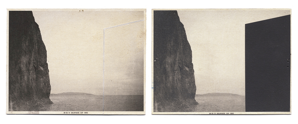 Two identical landscape images side-by-side, and one that has a large geometric shape added to it.