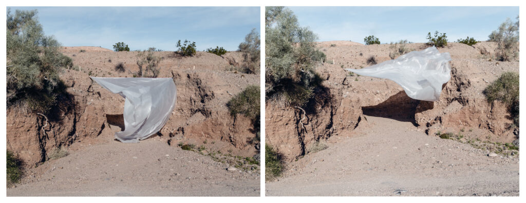 Two images side-by-side of a plastic sheet blowing in a landscape.