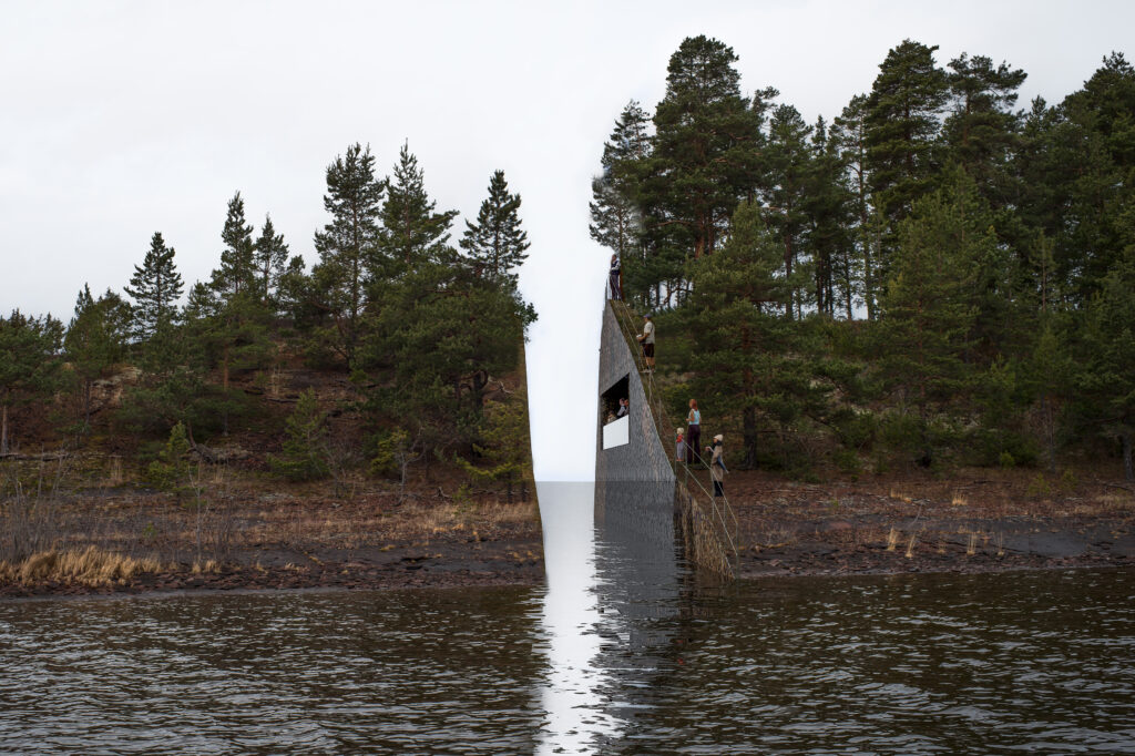 A landscape that has been cut in two with spectators peering into the gap between.