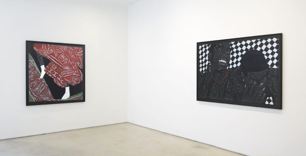 Two artworks mounted on gallery walls.