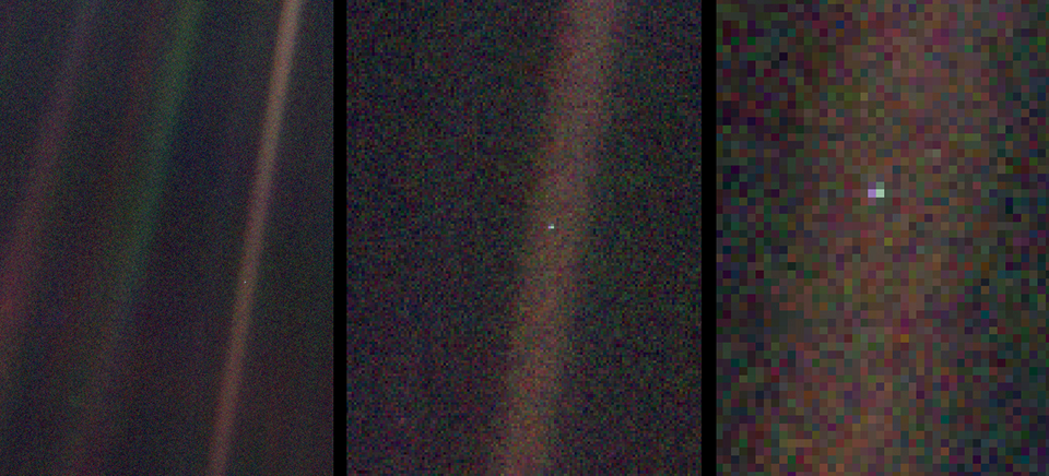 A set of three images that are increasingly pixelated.