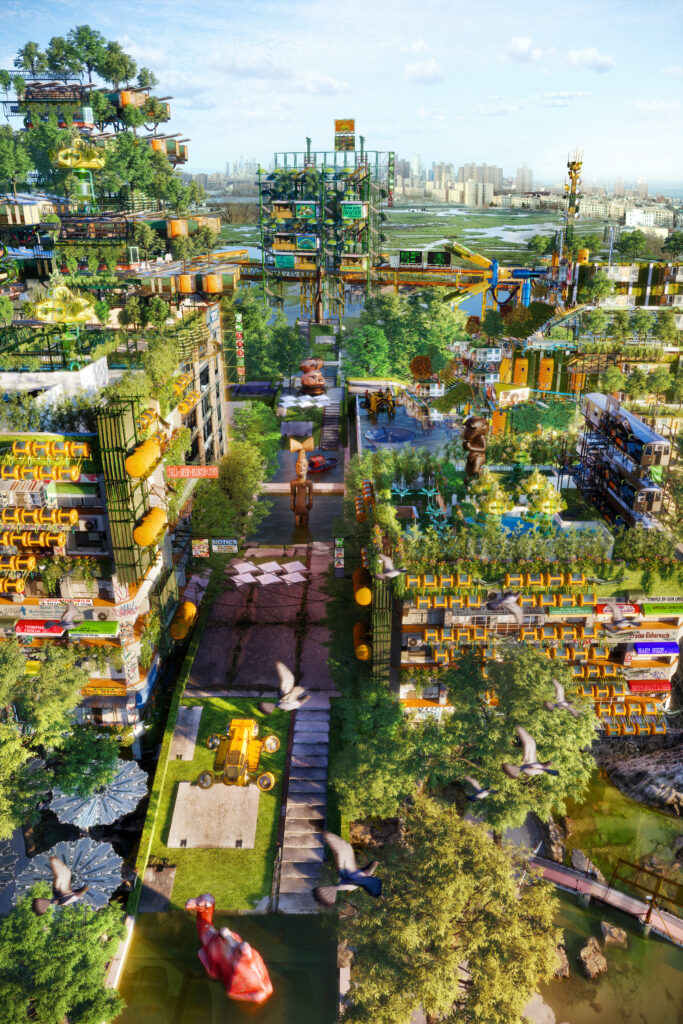 Collaged image of a cityscape covered in greenery