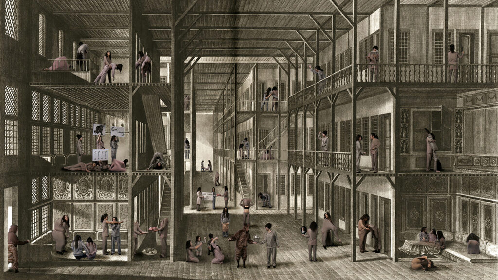 An illustration of the interior of a multi-level building filled with people.
