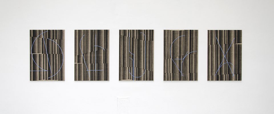 A series of 5 artworks lined up in a row.