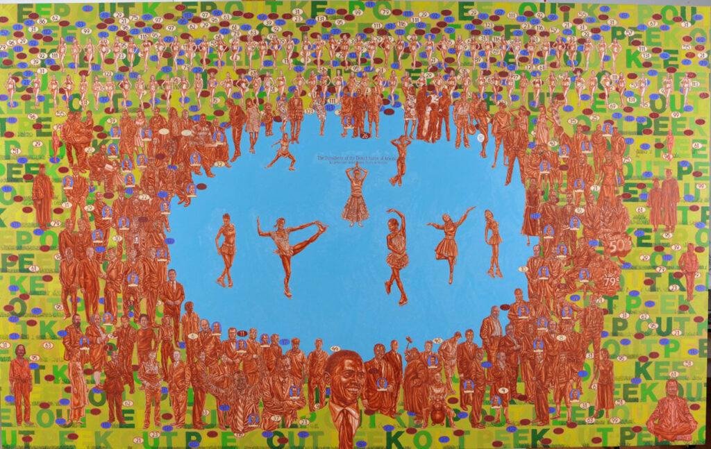 A colourful painting of a group of people in a circle against a background of letters.