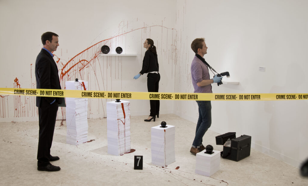 A scene of an art installation as a crime scene.