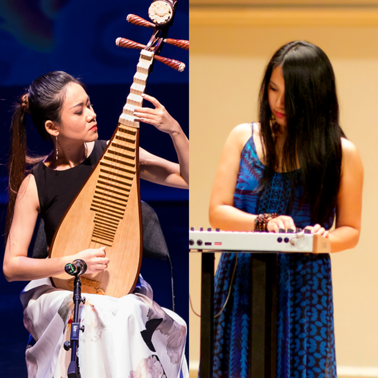Two portraits side-by-side of people playing instruments.