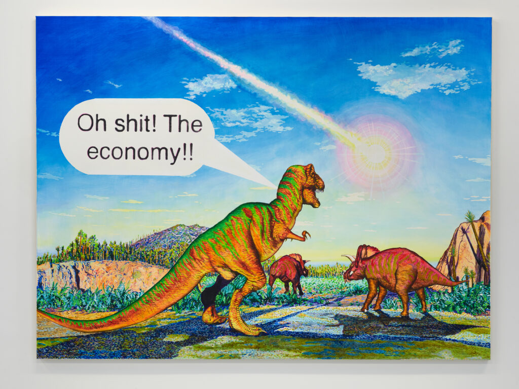 A painting of dinosaurs beneath a falling asteroid overlaid by a speech bubble.