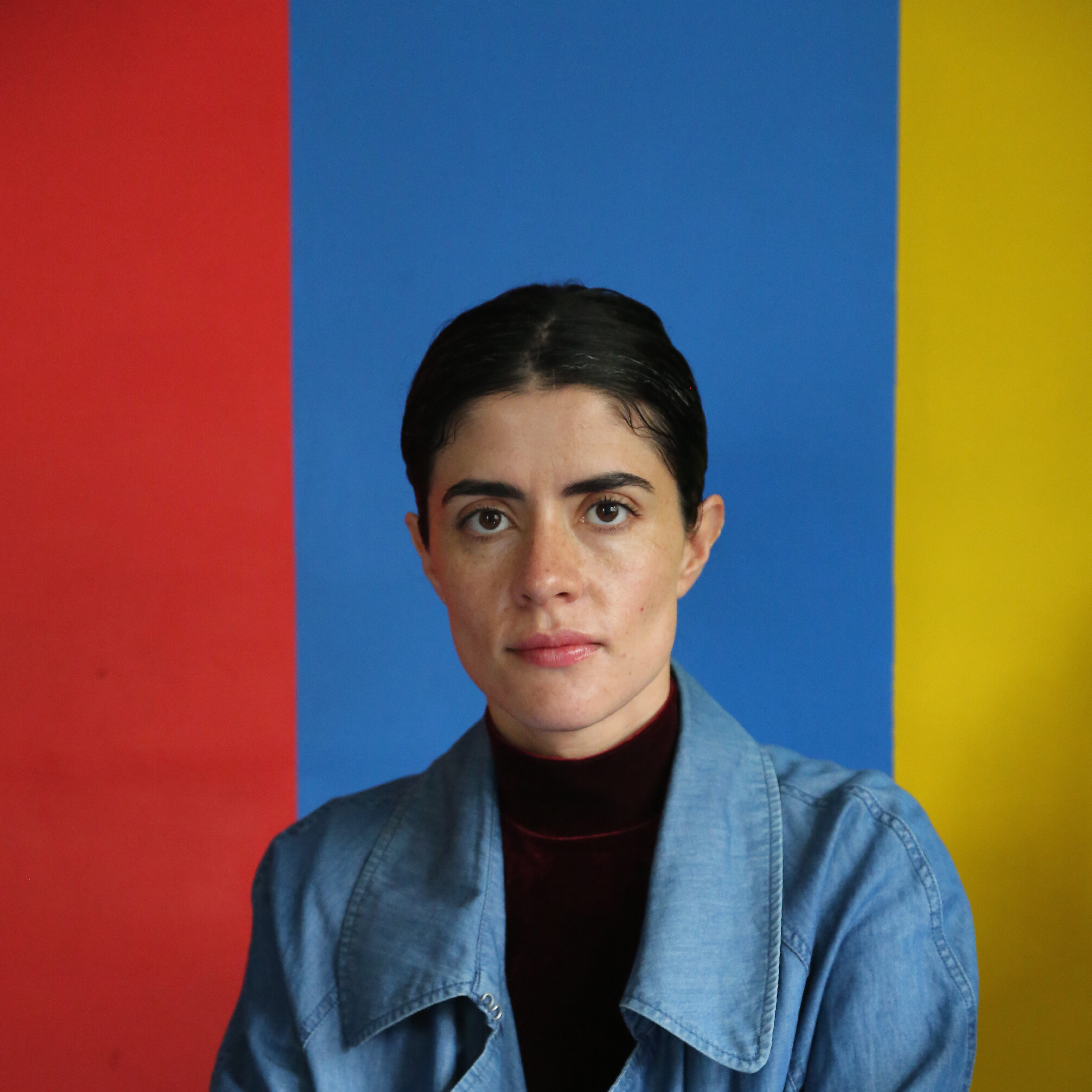 A portrait of a person in front of tricolor background.