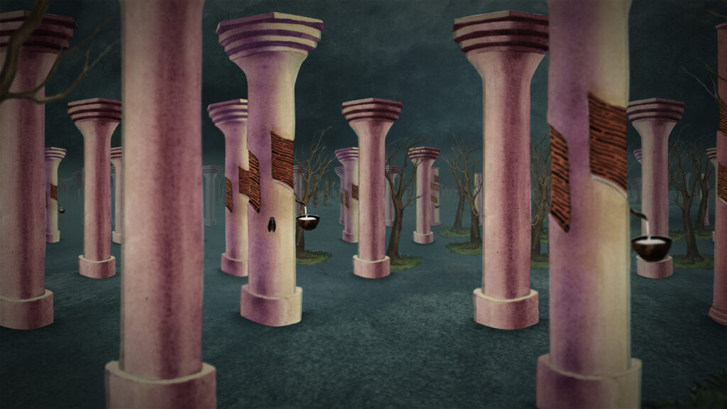 An image of an artwork comprised of columns and trees.