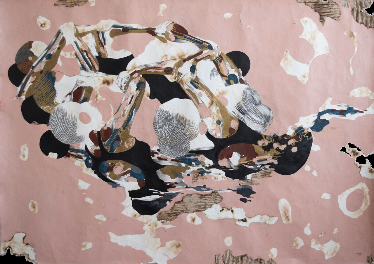 An image of an artwork showing people connecting their arms to form a circle.