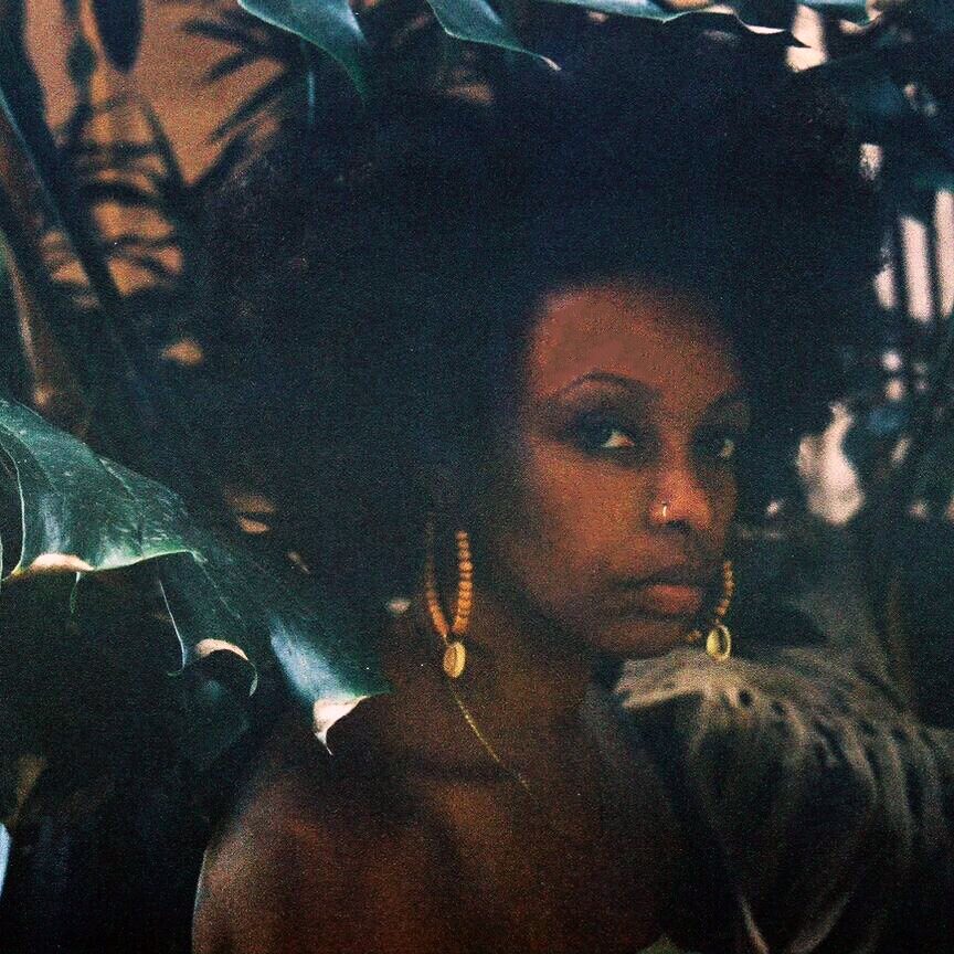 A portrait of a person in front of large palm leaves.