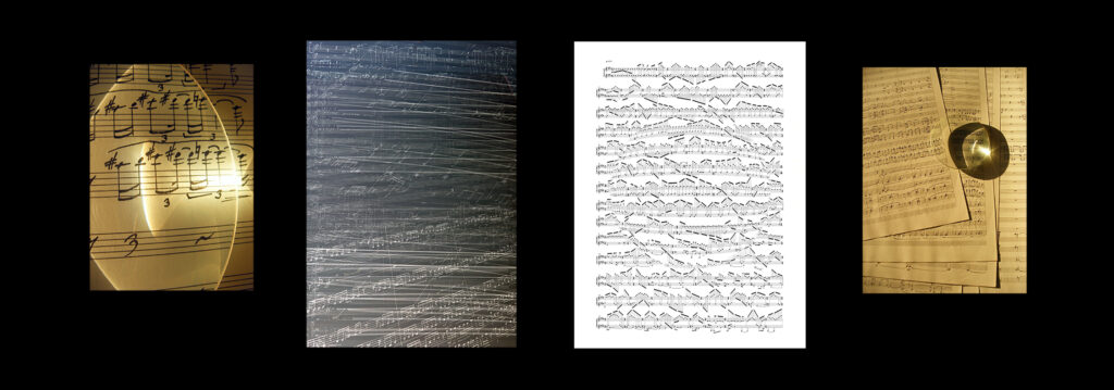 Four images of music notation against a black background.