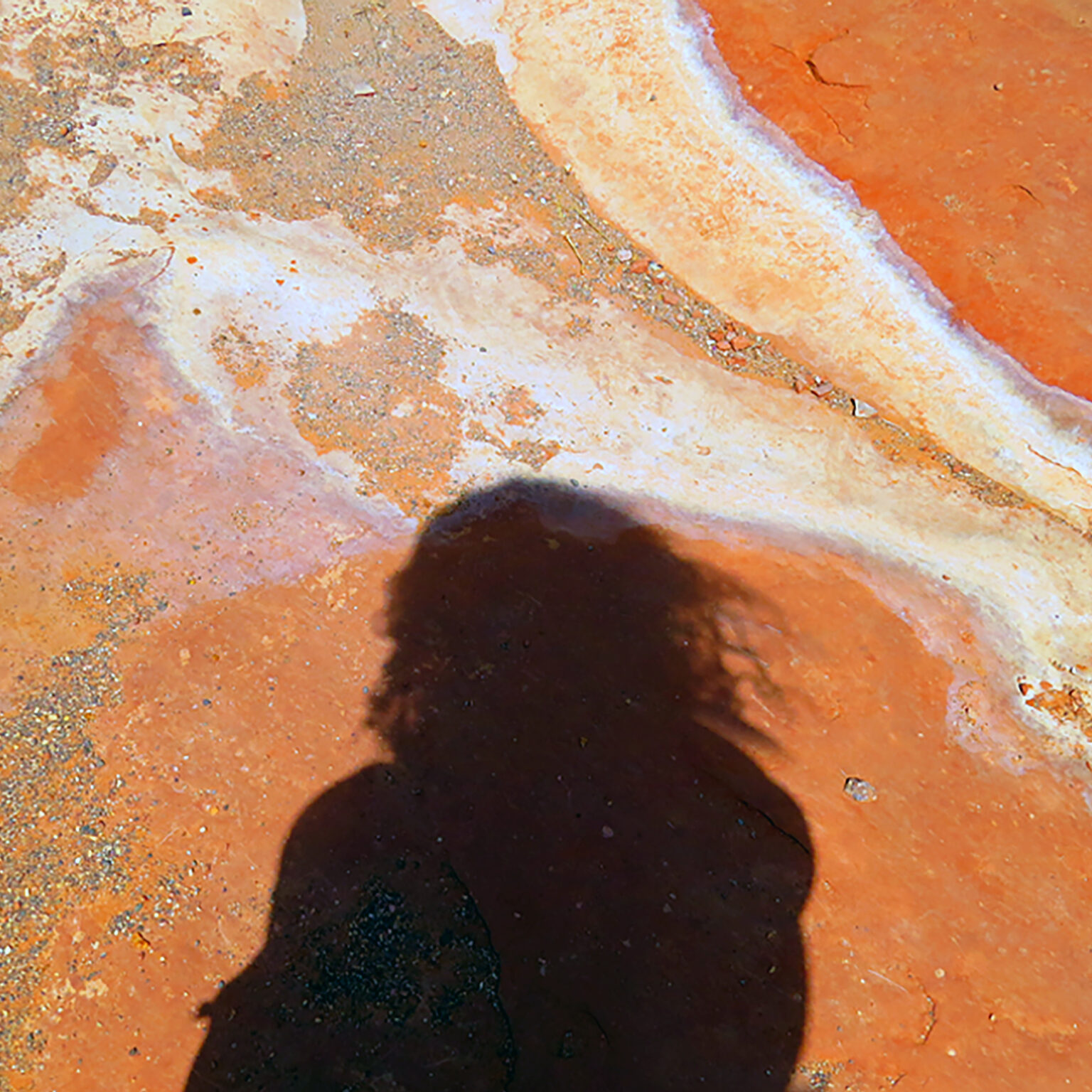 A shadow of a person's head and shoulders on orange geological scape.