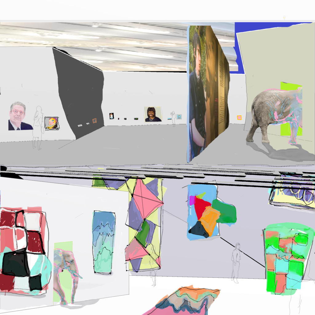 A digital rendering of an art gallery with overlaid animations.