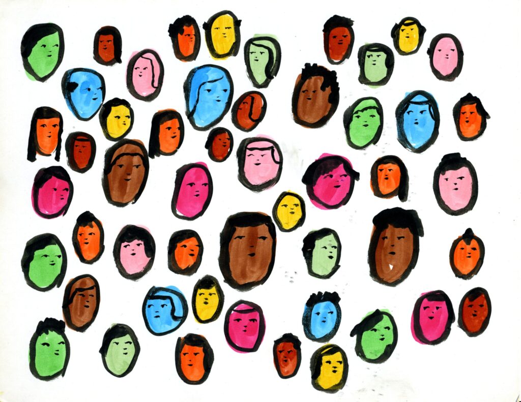 An illustration of a group of small, disembodied, multi-color faces.