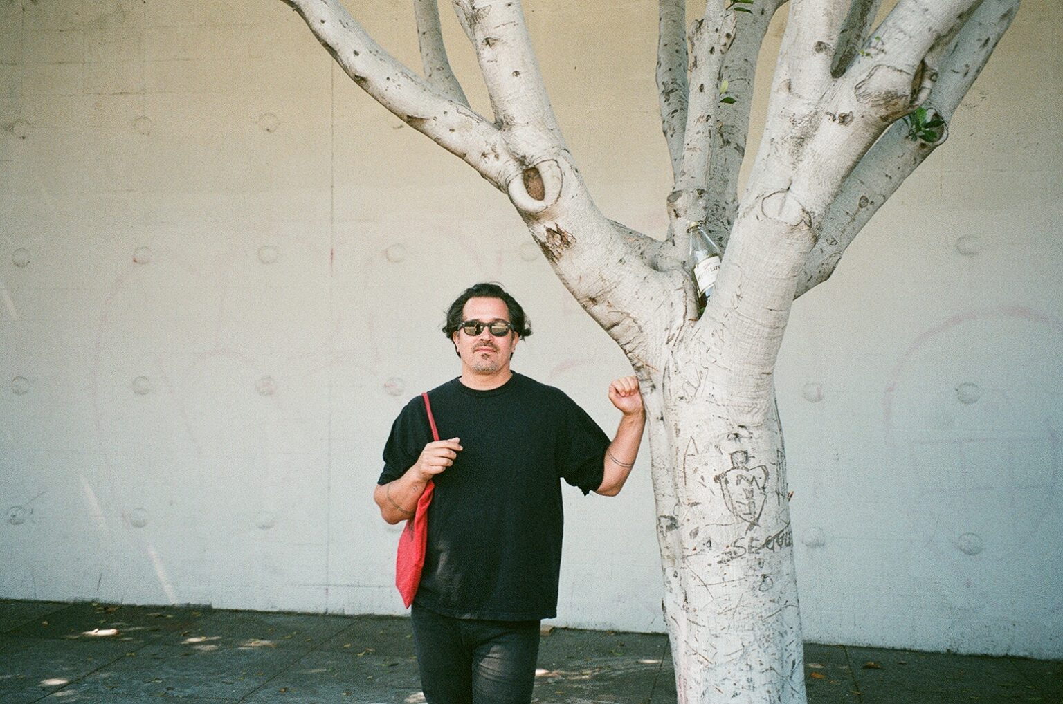 A person standing beside a tree.