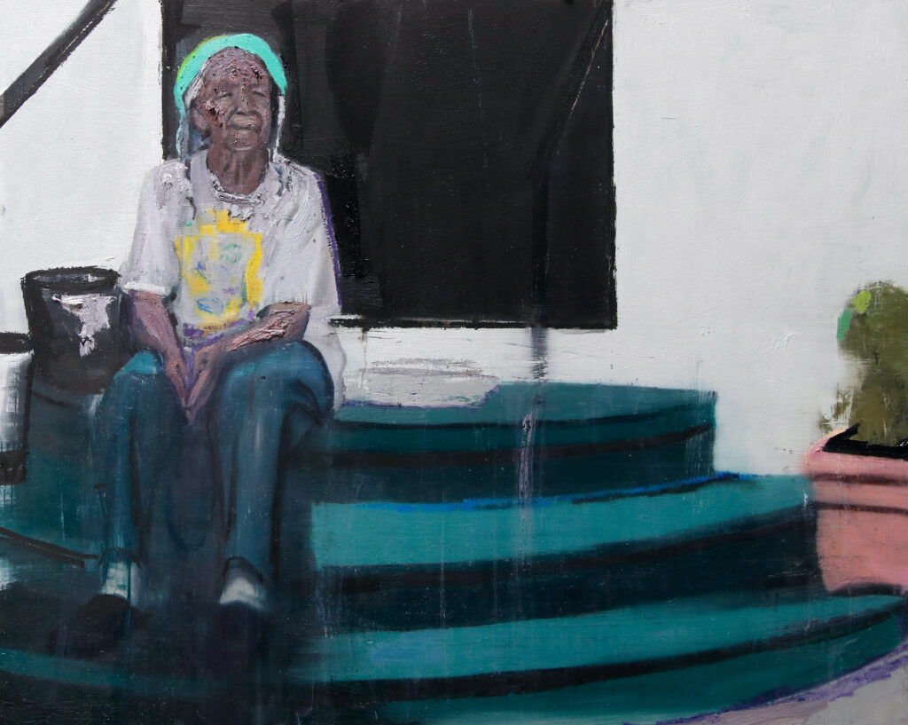 Image of a painting of a person sitting on steps.