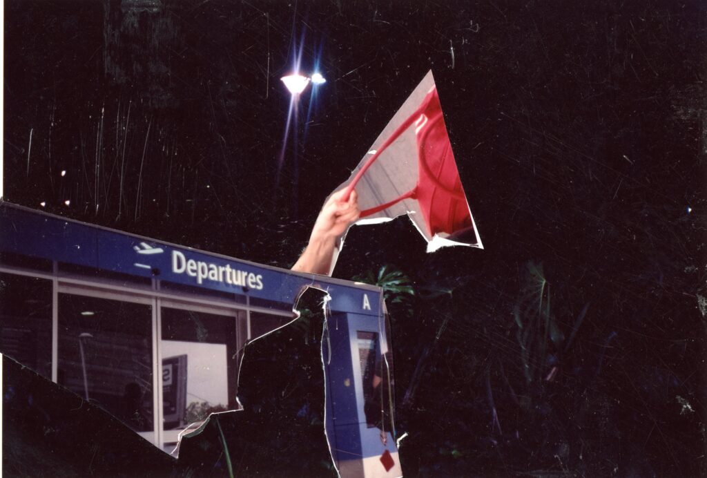 Image of collage with purse and airport departures sign.