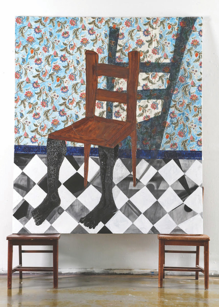 Painting of a chair with black human legs on a black and white tiled floor. Painting propped up on two chairs