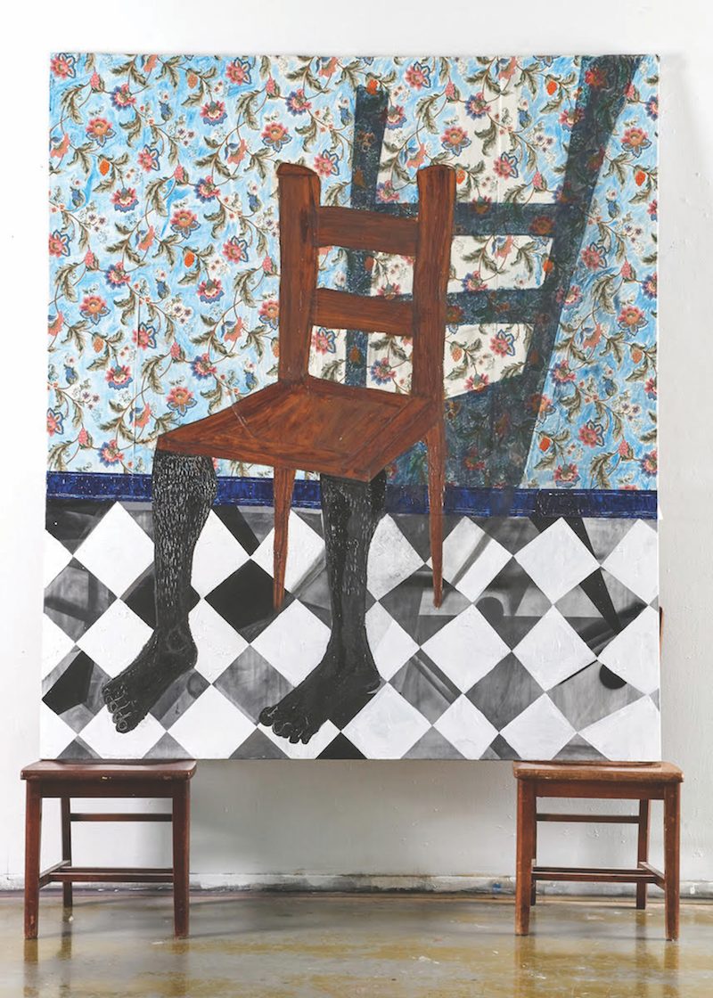 Painting of a chair with black human legs on a black and white tiled floor. Painting propped up on two chairs