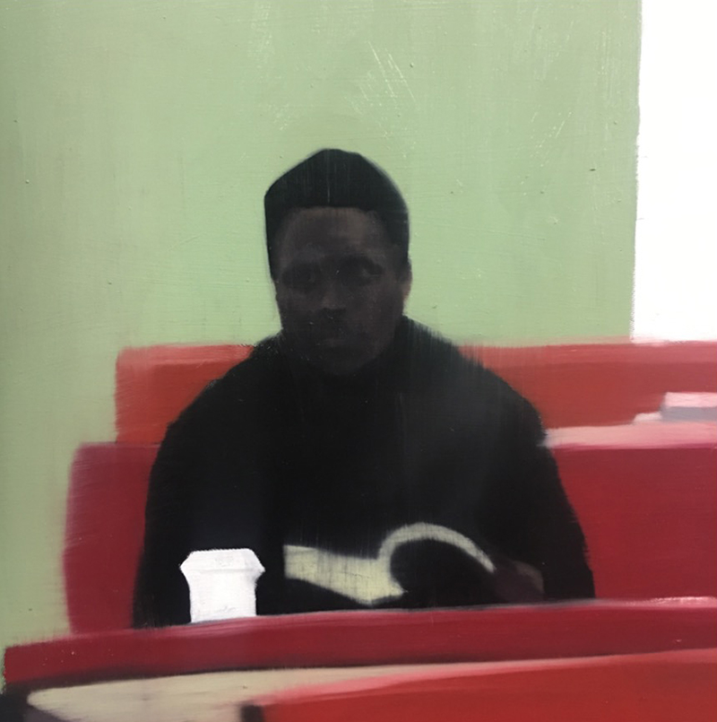Painting of a person with dark skin sitting in a red booth reading a book.