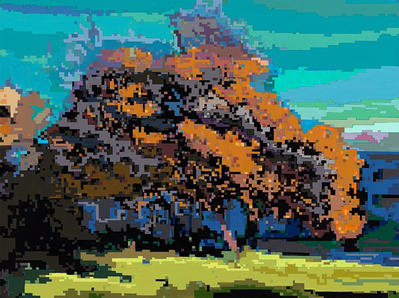 Painting of an autumn tree in the style of pixel art.