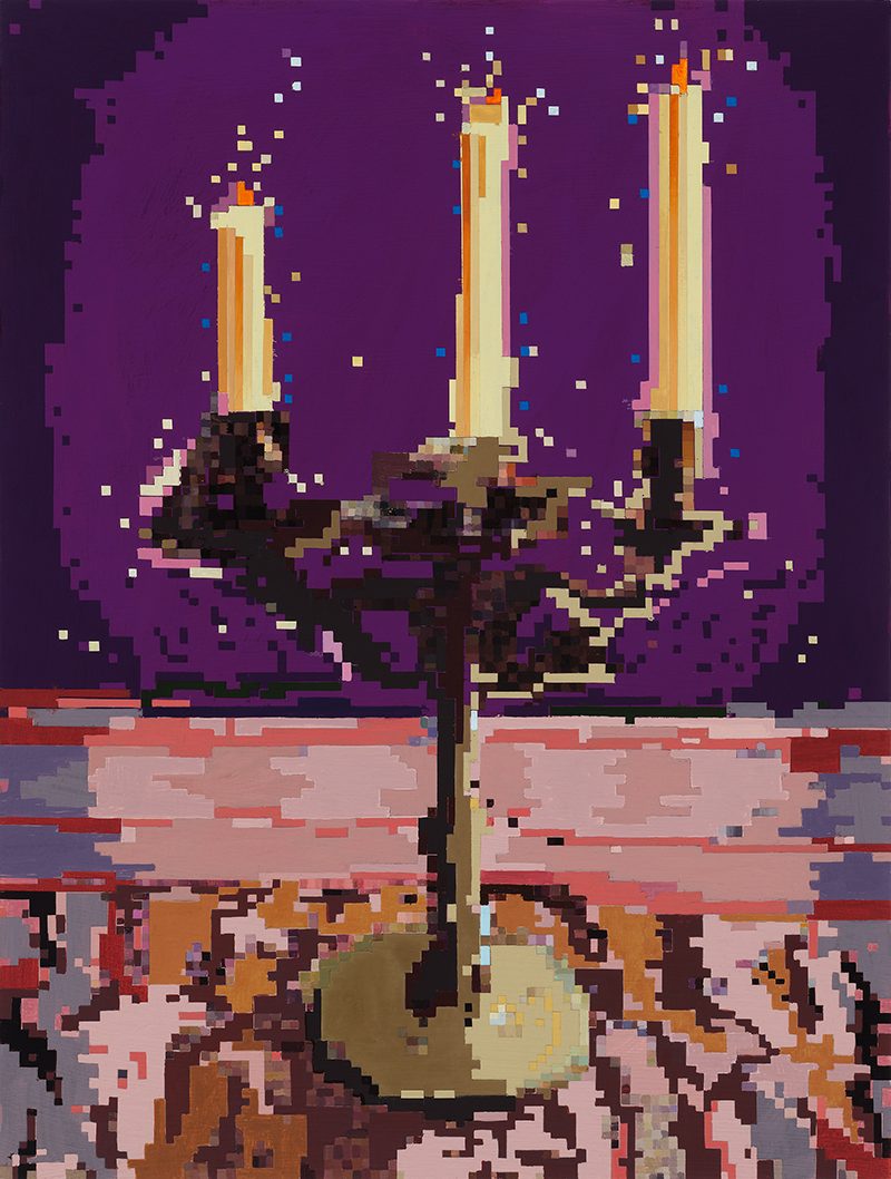 Painting of a candleholder with three candles, in the style of pixel art.
