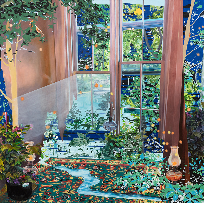 Painting of an interior of a room with windows, white walls, and a rug conflated with a forest of green leaves and plants.