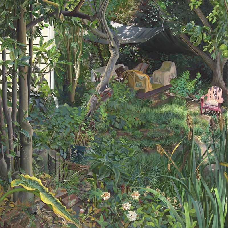 Hyper-realist painting of plants, trees, flowers, and grasses in a garden with garden furniture in the distance.