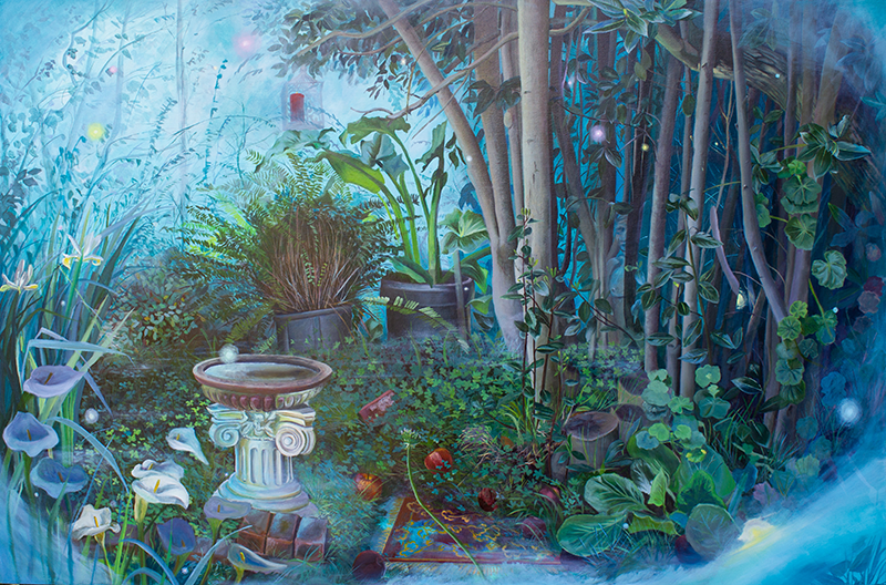 Image of a garden with a blue vignette, with motes of floating light.