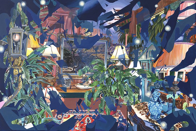 Painting of a furnished room with lamps, plants, and chairs, interrupted by planes of deep blue and floating motes of light.