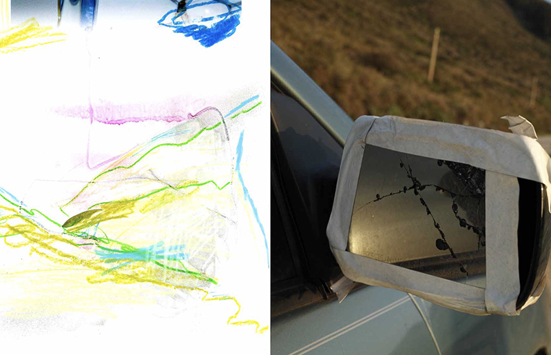 A pair of images. On th eleft, an abstract drawing with yellow, blue, and pink squiggly lines. On the right, a photograph of a car's sideview mirror, repaired with brwon tape.