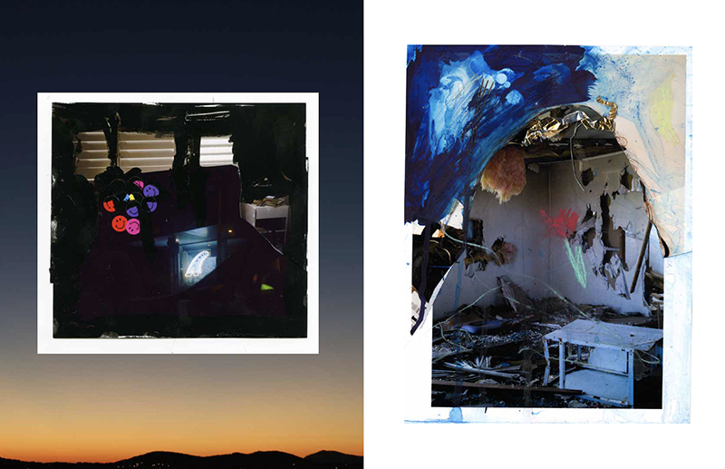 A pair of images. On the left, a collaged photograph of a dim interior space overlaid atop a photo of a sunset; on the right, a photograph of a ruined interior with drawn and painted shapes around it.