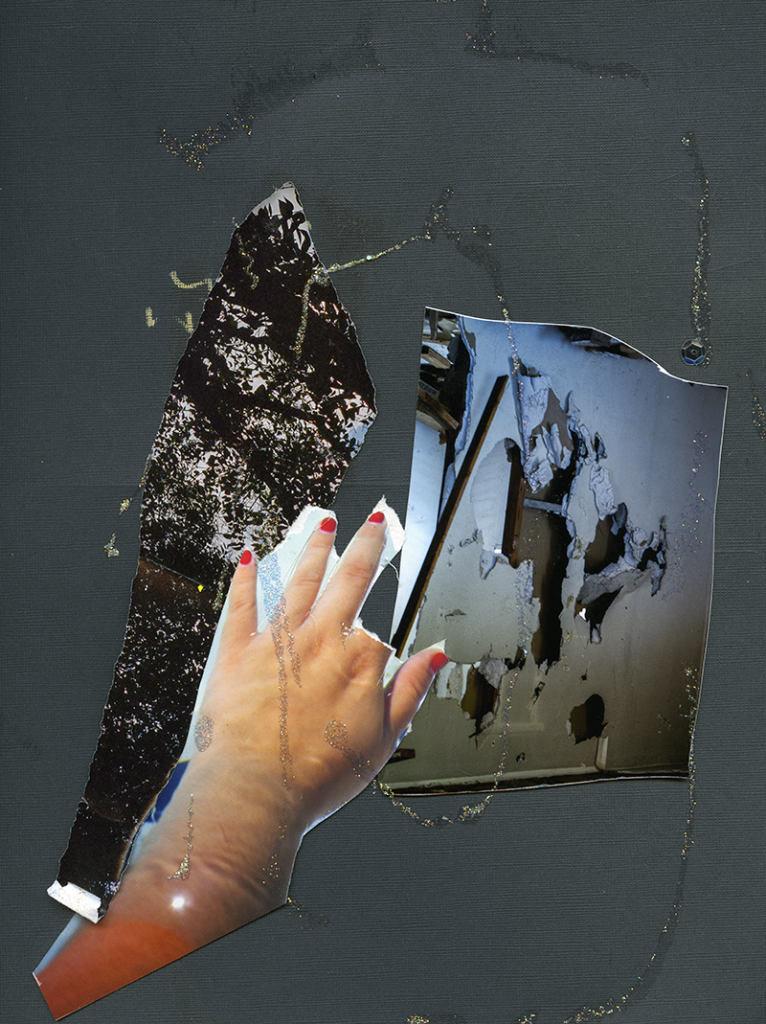 Collaged photos of a hand with red nail polish, tree branches, and a destroyed wall on black paper with gold glitter.