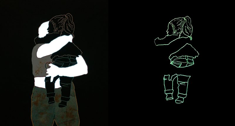 Two images side by side; on the left an abstracted depiction of a figure holding a child; on the right, only the child is visible in green outline.