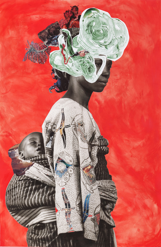 Artwork featuring an image of a Black woman carrying a child dressed in patterned garments with an abstract painted head dress, against a red background.