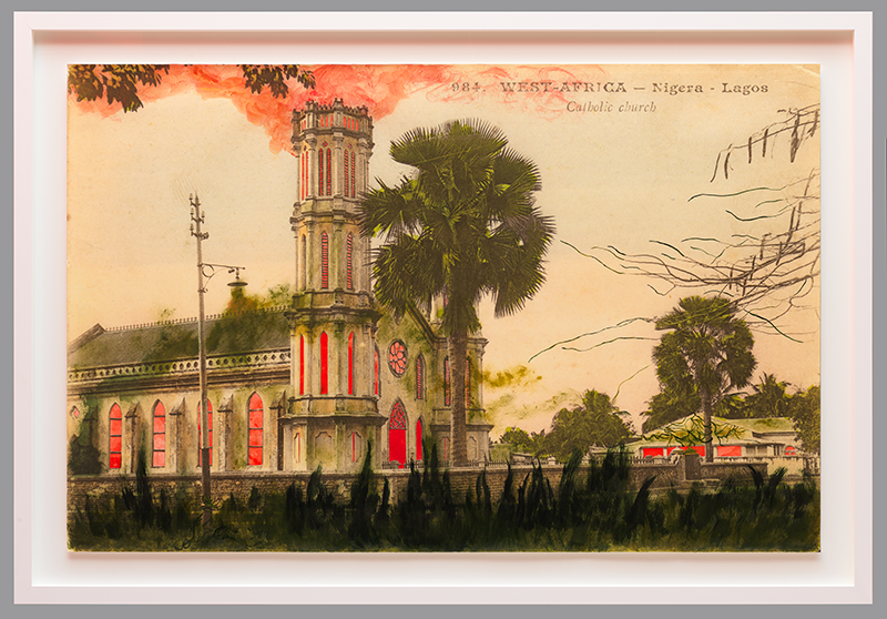 Framed image featuring a cathedral with palm trees, with text and drawn and painted marks.