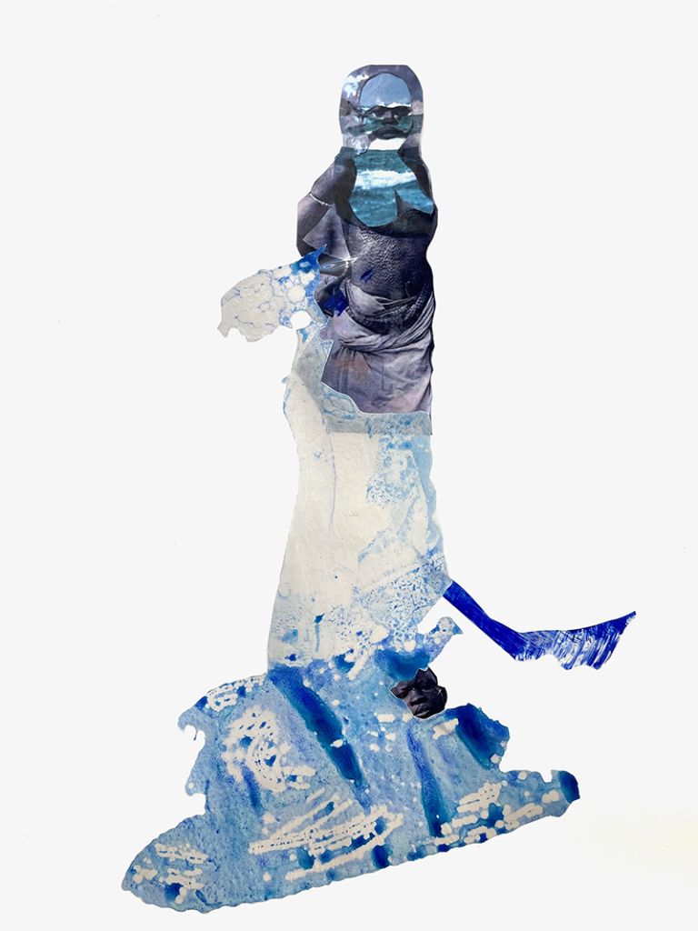 A collaged image featuring an abstracted figure collaged with blue painted marks and images of ocean waves.