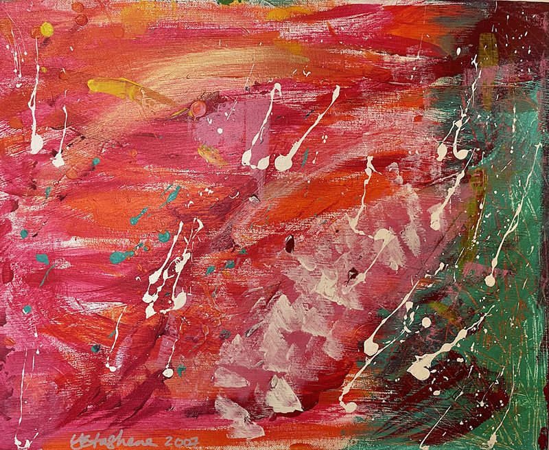 An abstract painting in pink and green with splatters.