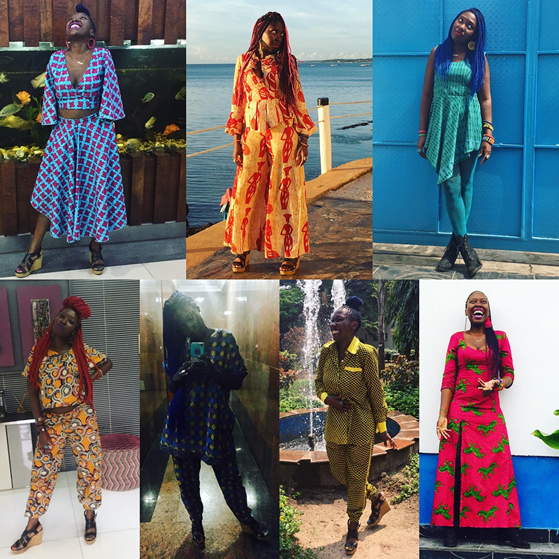 Grid of images, each featuring a Black person modeling a garment or set of garments in colorful Togolese and Nigerian textiles.