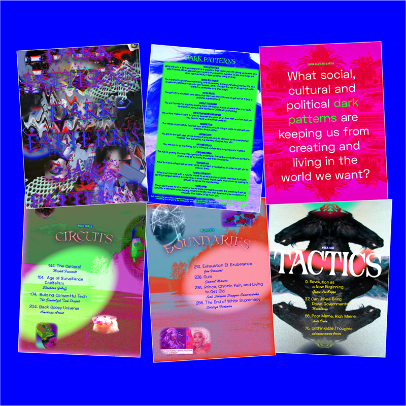Various pages from a design reader, in bright colors and text.