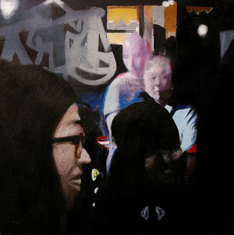 A painting of a person in profile with others behind, and graffiti-like marks.