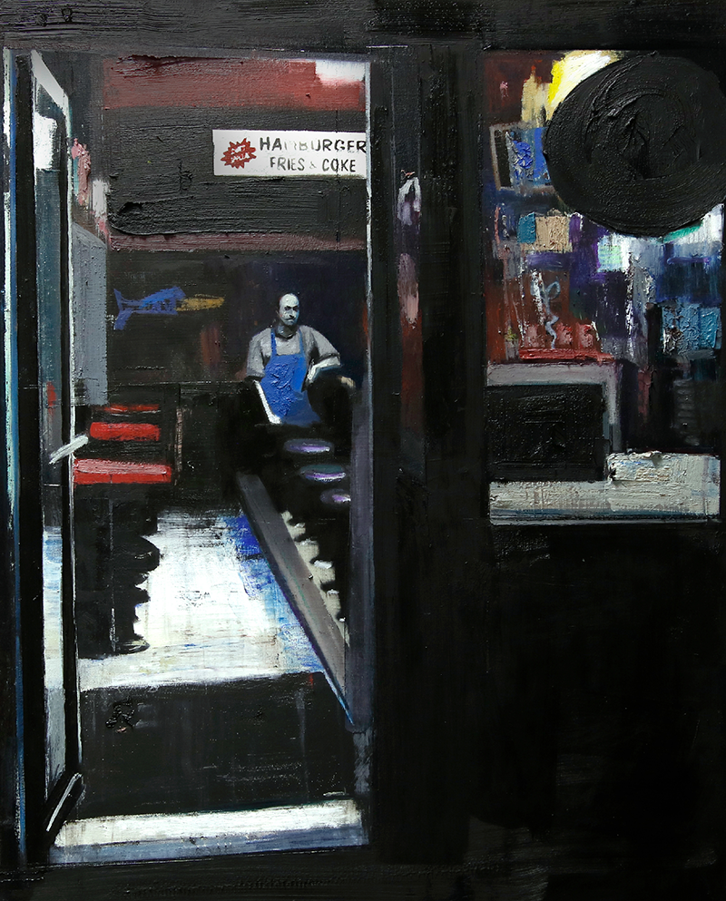 Painting of a person standing in an apron inside an empty diner, dark outside.