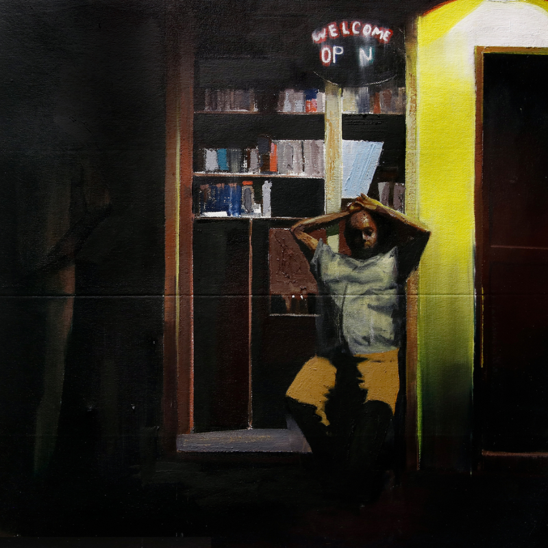 Painting of a person sitting in front of an open storefront at night.